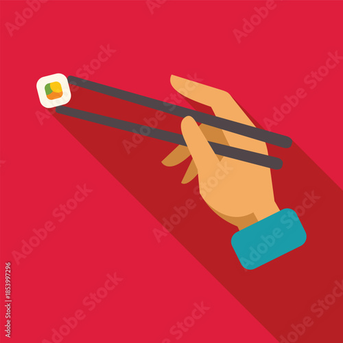 Hand holding a sushi roll with chopsticks, illustrating japanese food and eating