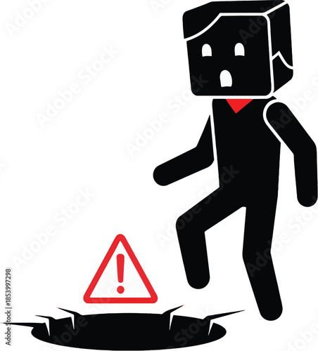 A block-headed figure with a red tie steps over a cracked hole in the ground next to a red warning sign, symbolizing danger or a pitfall.