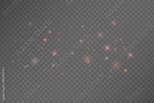 Red and pink glowing stars with dust on dark background. Festive sparkle texture for holiday design.
