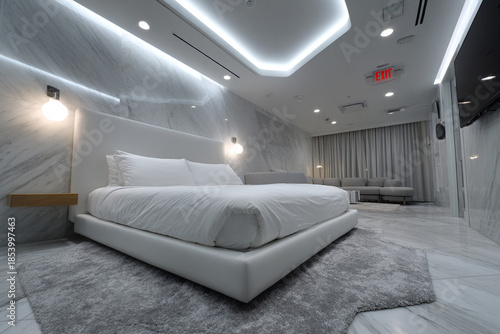Modern room with white bed sheet.