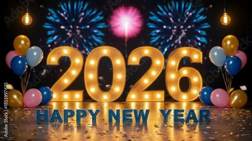 Glowing 2026 New Year marquee numbers with fireworks balloons and confetti animation