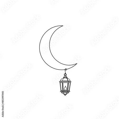 Crescent moon with a hanging lantern in a simple line drawing