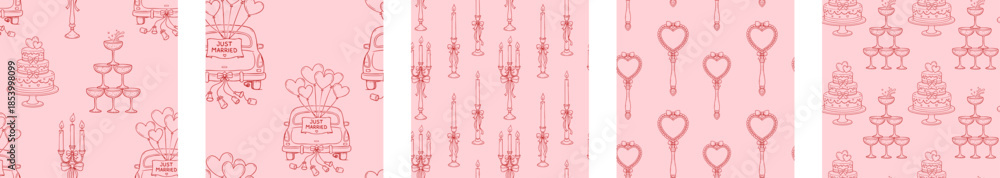 Fototapeta premium Wedding and valentines seamless patterns set with hand drawn cake champagne candles mirror and just married car romantic doodles on pink background