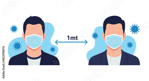 Two men in protective face masks maintaining social distance of one meter to prevent the spread of viral infections during pandemic.