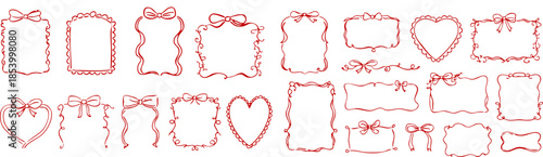 Handdrawn valentines frames set with red bows hearts and decorative borders romantic vintage doodle elements isolated on transparent background