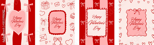 Valentines day greeting card set with red and pink lace frames hearts bows and hand drawn romantic elements isolated on transparent background