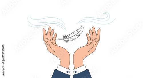 Human hands in suit sleeves gently reaching for a delicate white feather floating in the wind against a clean white background.