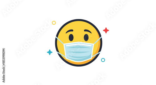 Yellow circular emoji wearing a surgical face mask as a representation of health safety and protection during a medical crisis or flu season.