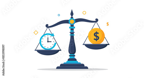 Balance scales comparing time and money with a clock on one side and a gold dollar coin on the other representing work-life balance or value.
