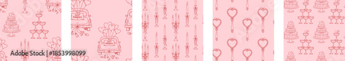 Wedding and valentines seamless patterns set with hand drawn cake champagne candles mirror and just married car romantic doodles on pink background