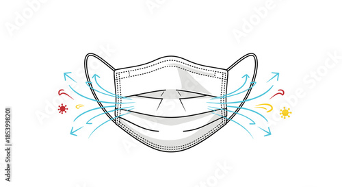 Illustration of a medical mask showing air flow patterns and protection against virus particles for respiratory health and safety measures.