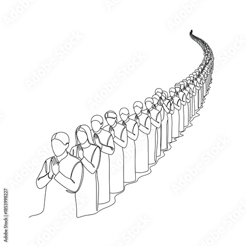 A long line of people in formal attire walking in a curve