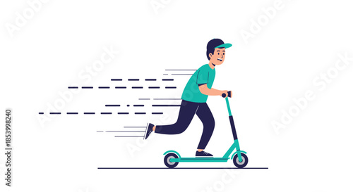 Young person riding an electric scooter with speed motion lines illustrating modern eco-friendly urban transportation and fast city commuting.
