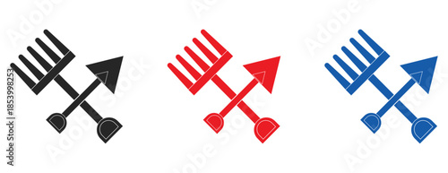 Crossed garden fork and shovel tool icons, agriculture and landscaping equipment