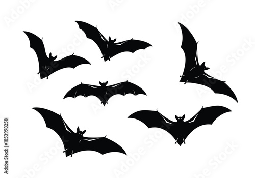 A cluster of black bat silhouettes flying in various poses against a stark white backdrop perfect for spooky designs