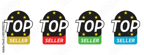 Set of colorful top seller badges with star ratings, commercial ranking labels for retail and e commerce