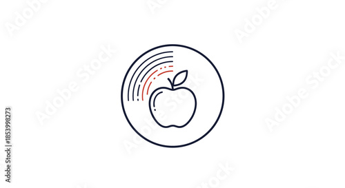 Minimalist line art illustration of an apple with a colorful arc inside a circular frame representing organic food and healthy lifestyle choices.