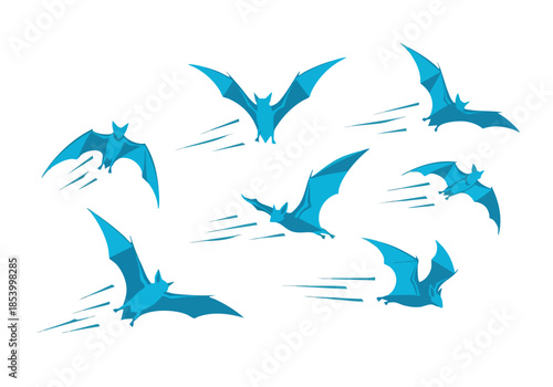 A flock of stylized blue bats in flight against a clean white background representing motion and freedom