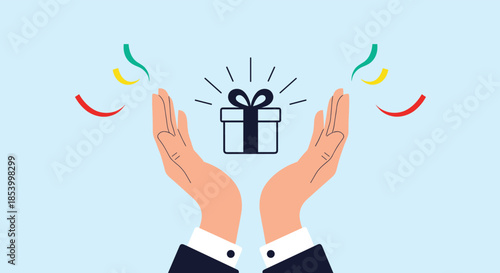 Human hands reaching towards a gift box with colorful confetti as a celebration of success, rewards, achievements, or a festive holiday surprise.