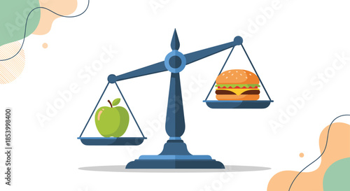 Balance scale comparing healthy and unhealthy food options with a green apple on one side and a fast food burger on the other.