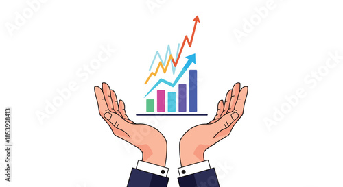 Human hands cupping a colorful rising bar chart with arrows indicating financial growth and successful business performance.