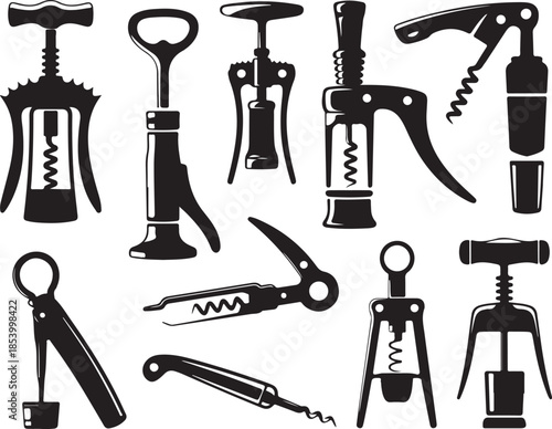 Collection of Corkscrew Wine Opener Isolated on Transparent Background Bottle Tool Equipment Bar Kitchen Sommelier Utensil Vector