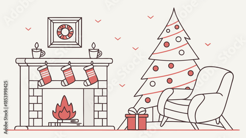 Cozy Christmas scene with decorated tree by fireplace