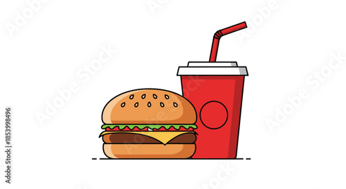 Fast food meal set featuring a delicious layered cheeseburger next to a red soda cup with a straw on white background.