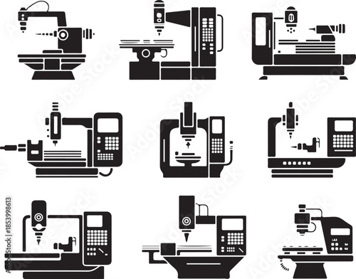 Collection of Machine Tool Silhouette Industry Factory Manufacturing Metalwork Lathe Milling Grinding Drilling Machinery Vector