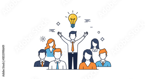 Team leader with a glowing lightbulb over his head standing in front of diverse colleagues representing a new business idea.