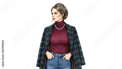 Winter Elegant Fashion Illustration of Stylish Woman Wearing Burgundy Turtleneck and Plaid Blazer