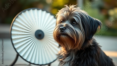 A Tibetan terrier sits calmly near a traditional hand fan, bathed in soft natural light.