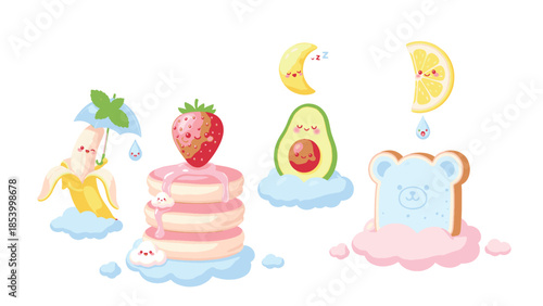 Cute cartoon food items on clouds with rain, including banana, pancakes, strawberry, moon, avocado, lemon, and bear toast.