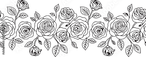 Seamless horizontal rose border pattern for backgrounds and textile prints flowing floral design with leaves graceful artistic vector