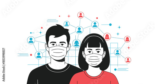Man and woman wearing medical masks against a background of connected human profiles representing community contact tracing.