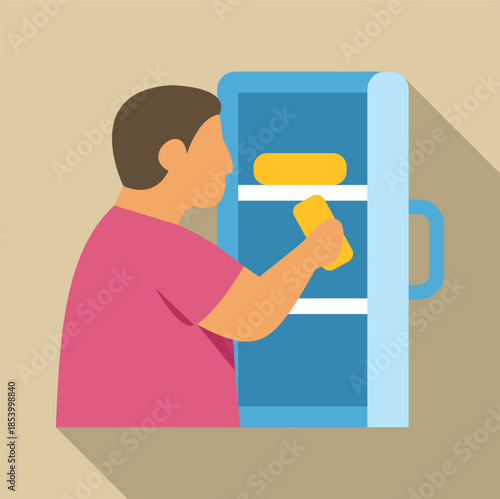 Man reaching for food inside a refrigerator, showing issues with obesity and hunger