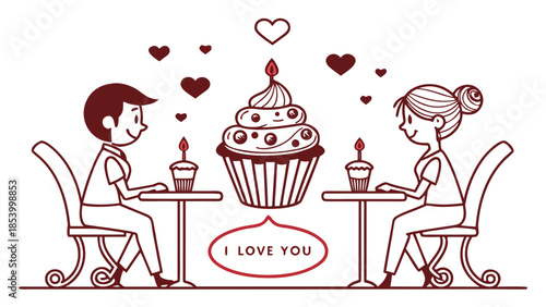 Couple celebrating romantic moment with cupcakes and hearts
