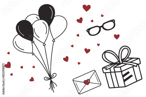Valentine's Day celebration with balloons, gifts, and love letters