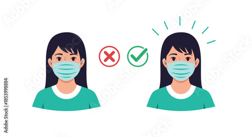 Comparison illustration showing the incorrect and correct way to wear a protective face mask for maximum health safety.