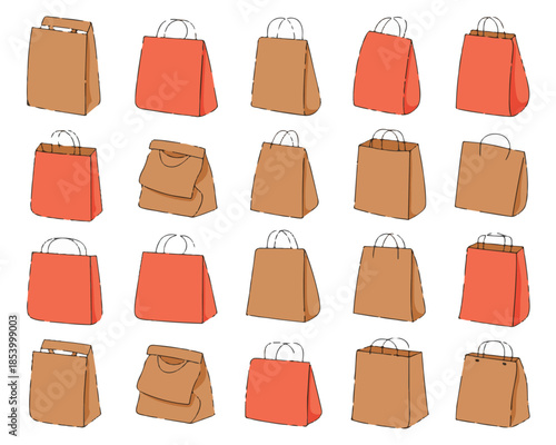 Set of Cartoon Shopping Bags Isolated on White Backdrop Various Style Brown and Red Color Containers for Retail Product Delivery Concept