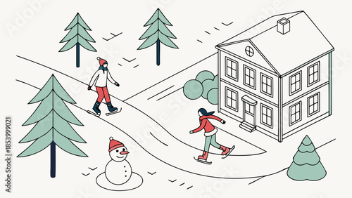 People ice skating near house in winter landscape with snowman