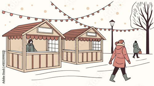 Cozy winter market scene with people walking by wooden stalls