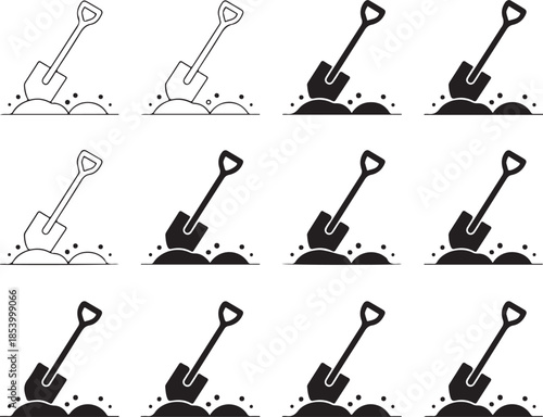 Shovel Digging Soil Ground Illustration Set Construction and Agriculture Tool for Excavation Flat Design Silhouette Graphic Vector Art Collection