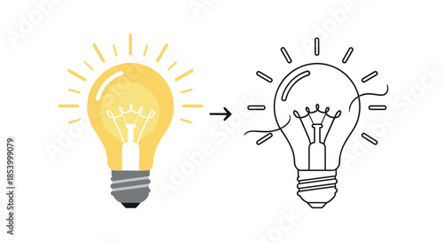 Illustration showing a bright yellow lightbulb transitioning into a simple outline drawing representing the process of refining ideas.