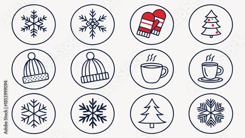 Winter icons set with snowflakes, hats, mittens, and hot drinks