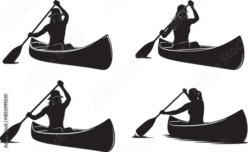 Woman canoeing silhouette set collection