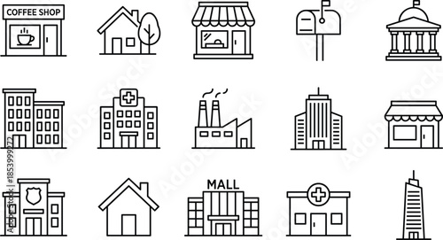City Buildings Icon Set for Real Estate Property Management Architecture Urban Infrastructure Office Skyscrapers Residential Housing Hospital School Government Mall Industrial Factory Commercial 