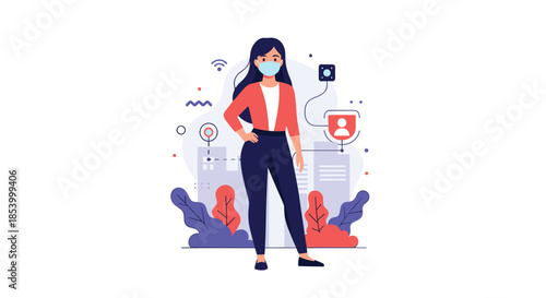 Stylized illustration of a woman wearing a face mask against a background of city silhouettes and digital network icons.
