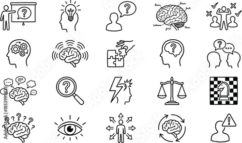 Critical thinking line icons set for problem solving, brain psychology, mental health, logic analysis, decision making, strategic planning, human mind exploration and cognitive skills.