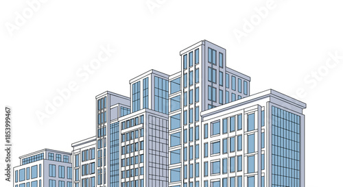 Modern architectural illustration of a large office building complex with multiple glass windows on a white background.